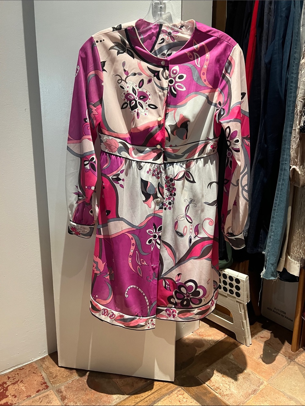 Vibrant Pink Floral-Print Long Sleeve Dress